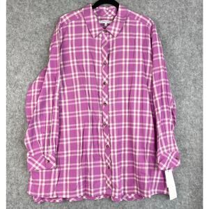 Foxcroft Santino Tunic Top Womens 22W Pink Plaid Button Up Long Sleeve NWT*